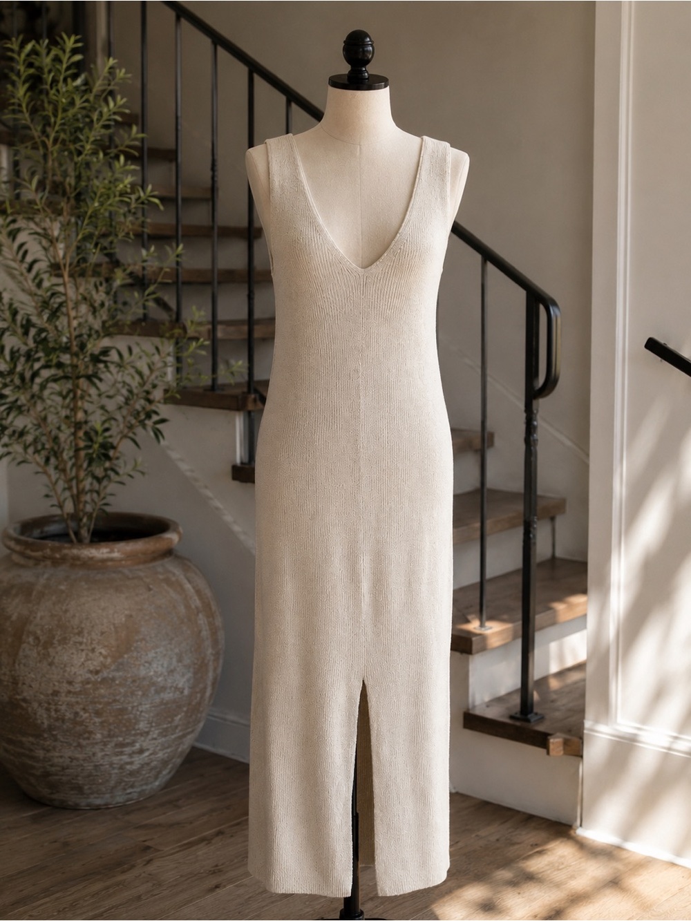 Calvin Klein NWT Cream Knit V-Neck Midi Dress with Front Slit